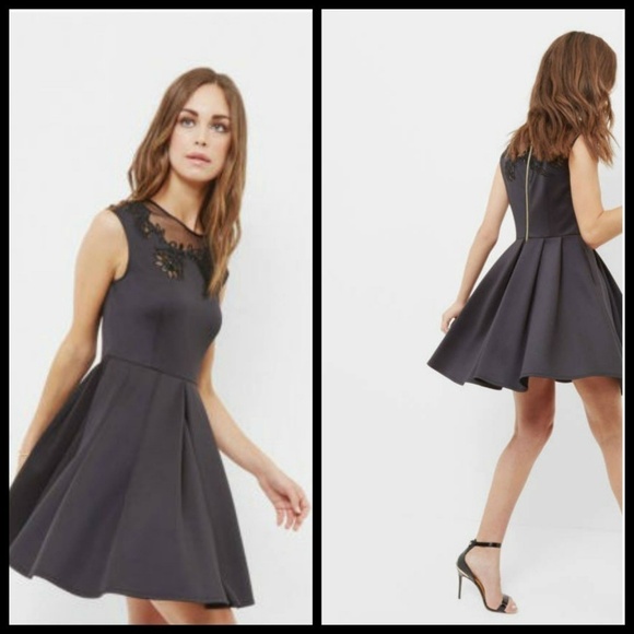 💕TED BAKER💕 Black Embroidered Mesh Skater Dress - Picture 2 of 8